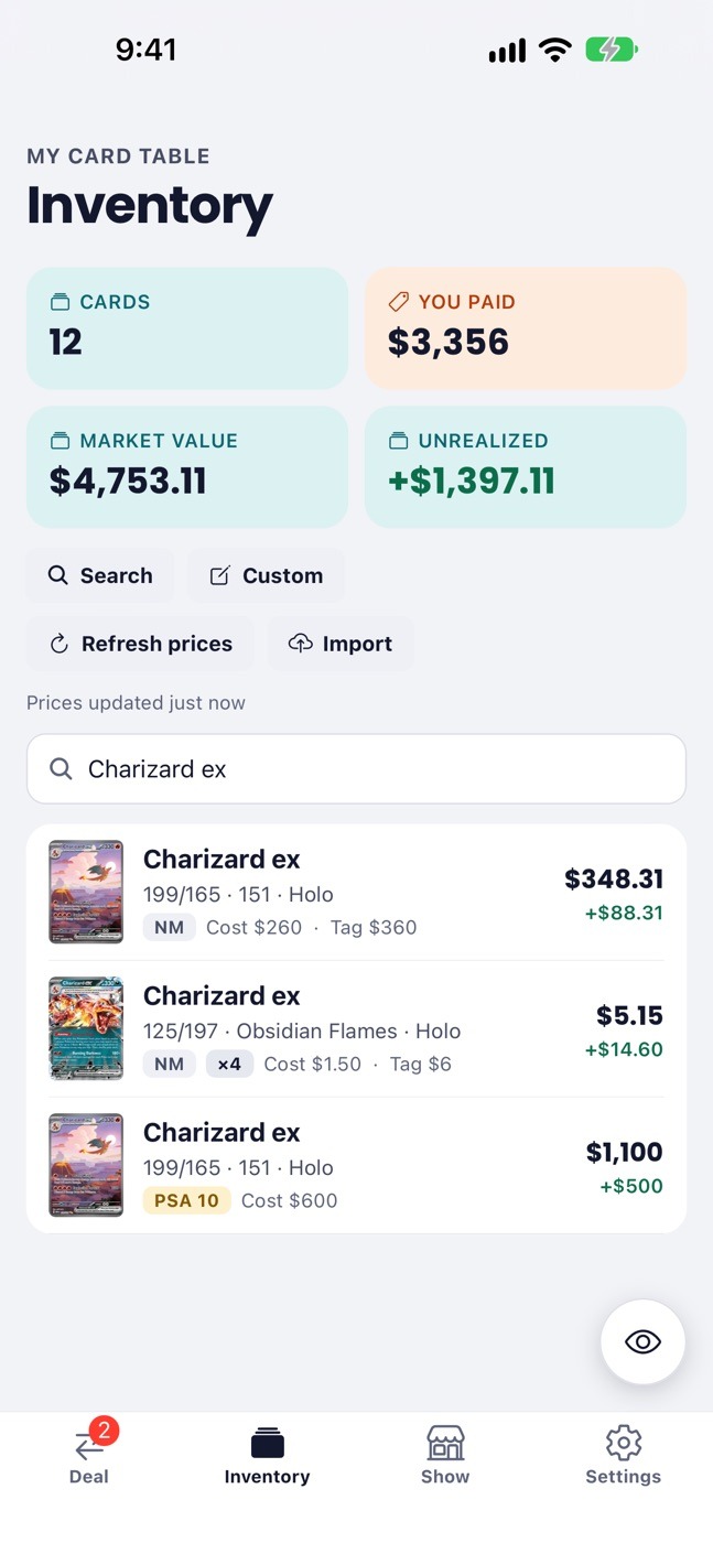 Inventory screen listing cards with cost, market value and unrealized gain.