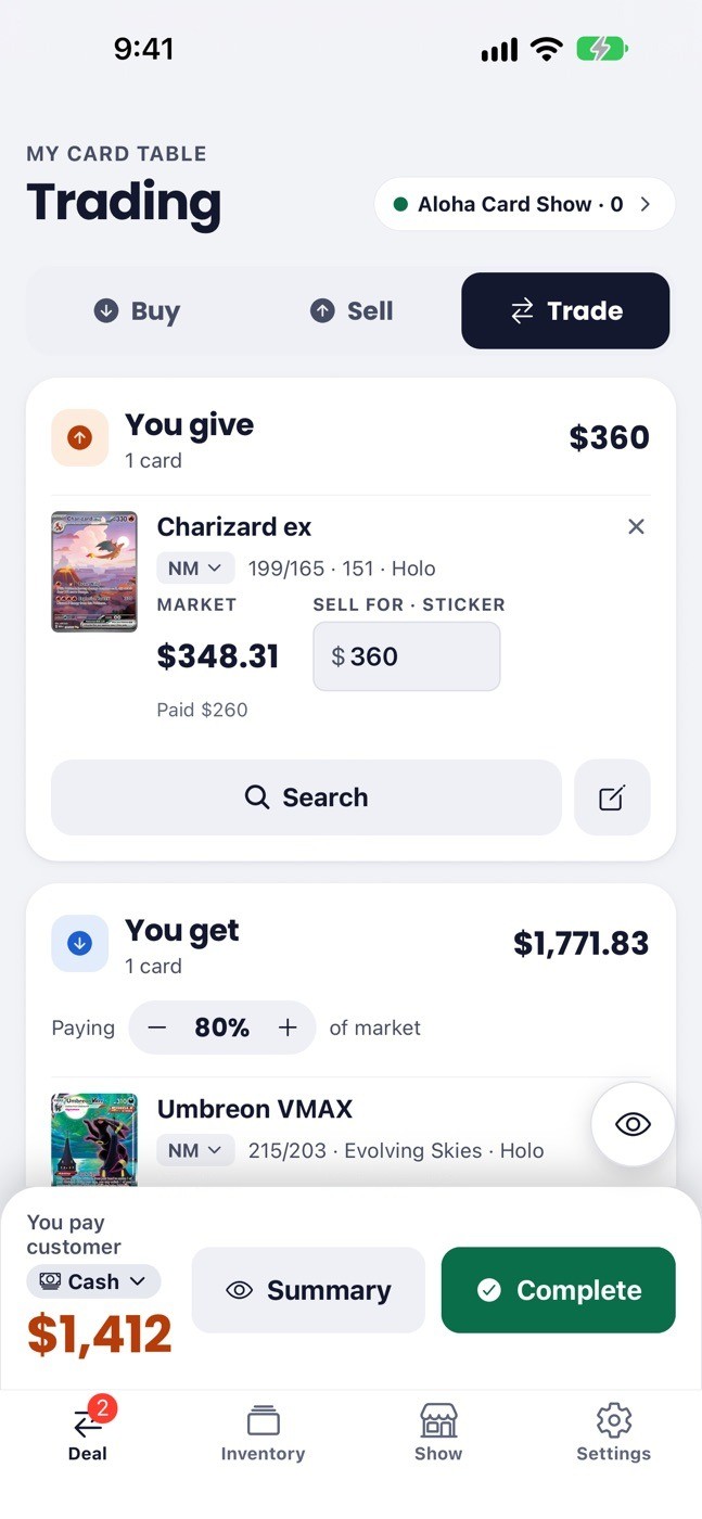 Deal screen in trade mode: the customer’s cards, the vendor’s cards, and the cash difference.